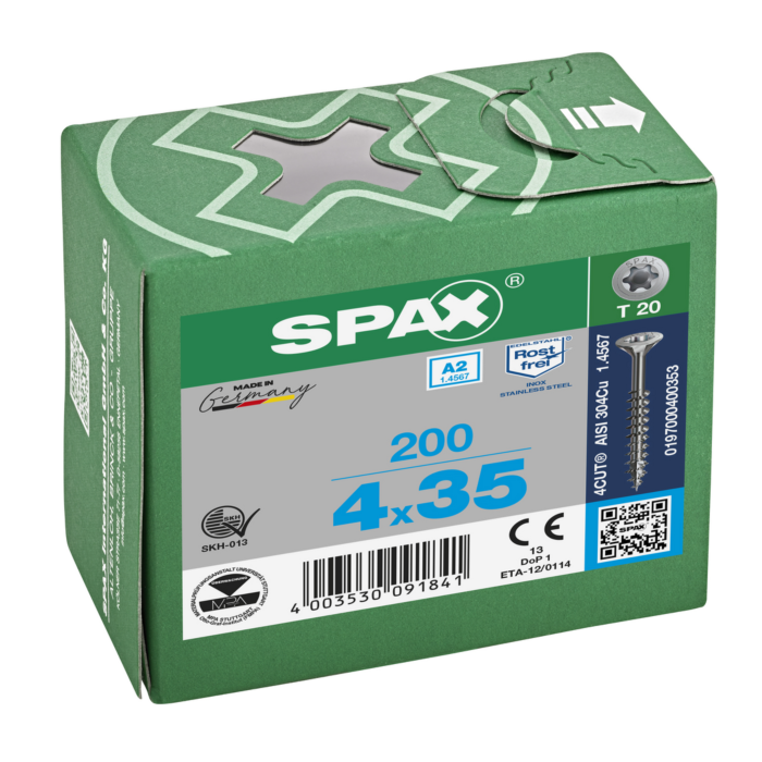 Spax spaanplaatschroeven T20 RVS A2 4 x 35 mm deeldraad 200 stuks