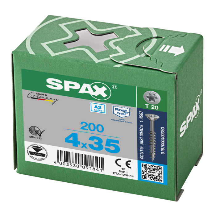 Spax spaanplaatschroeven T20 RVS A2 4 x 35 mm deeldraad 200 stuks