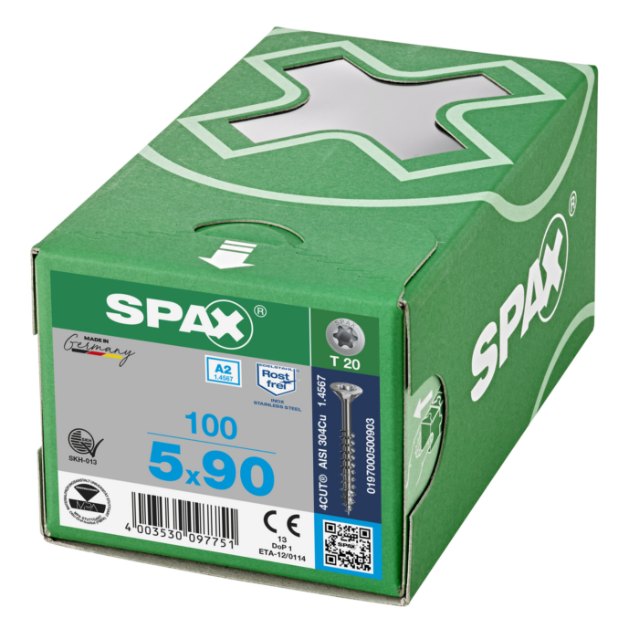 Spax spaanplaatschroeven T20 RVS A2 5 x 90 mm deeldraad 100 stuks