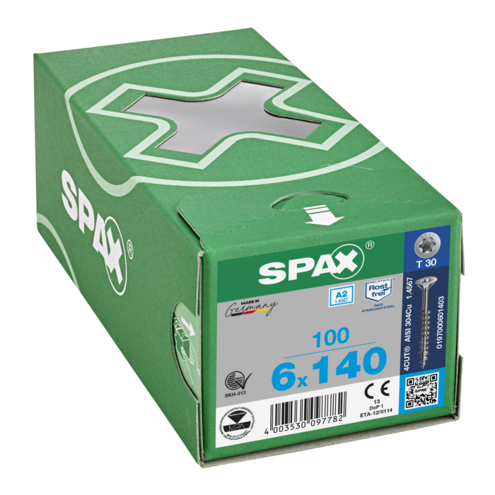 Spax spaanplaatschroeven T30 RVS A2 6 x 140 mm deeldraad 100 stuks