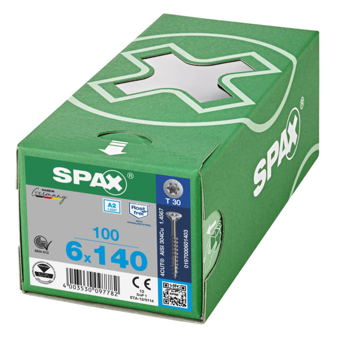 Spax spaanplaatschroeven T30 RVS A2 6 x 140 mm deeldraad 100 stuks