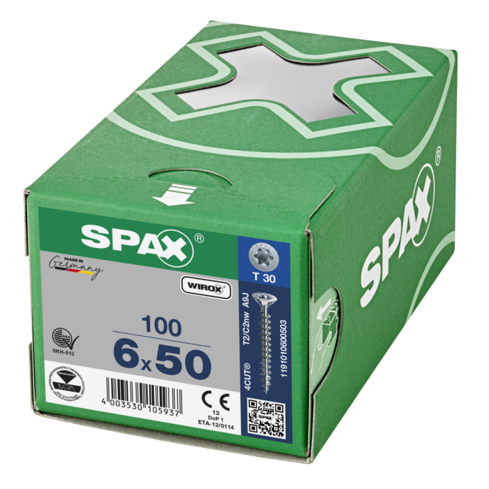 Spax spaanplaatschroeven T20 verzinkt 6 x 50 mm voldraad 100 stuks