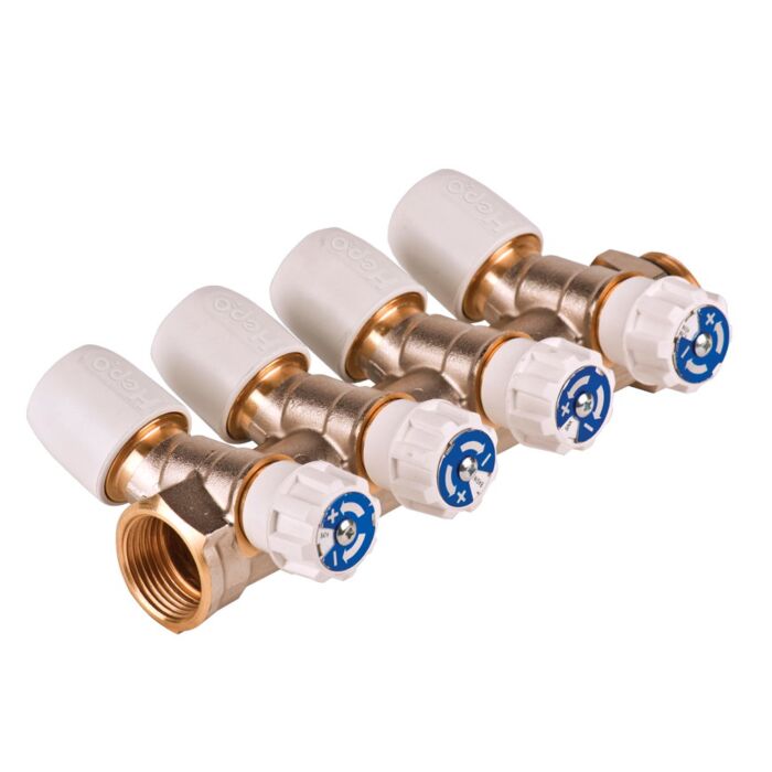 Hep2O verdeler, messing, steek x binnendraad x buitendraad, 4 groepen, 15 mm x ¾"