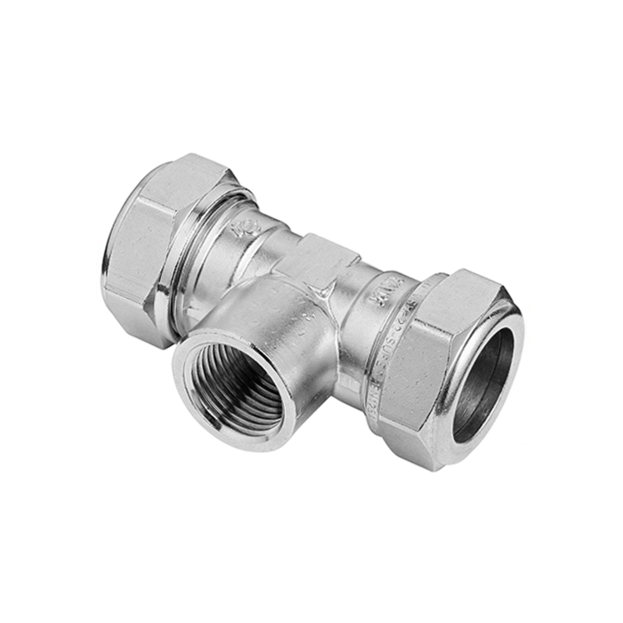 Bonfix messing T-stuk 2 x knel 90° x binnendraad vernikkeld