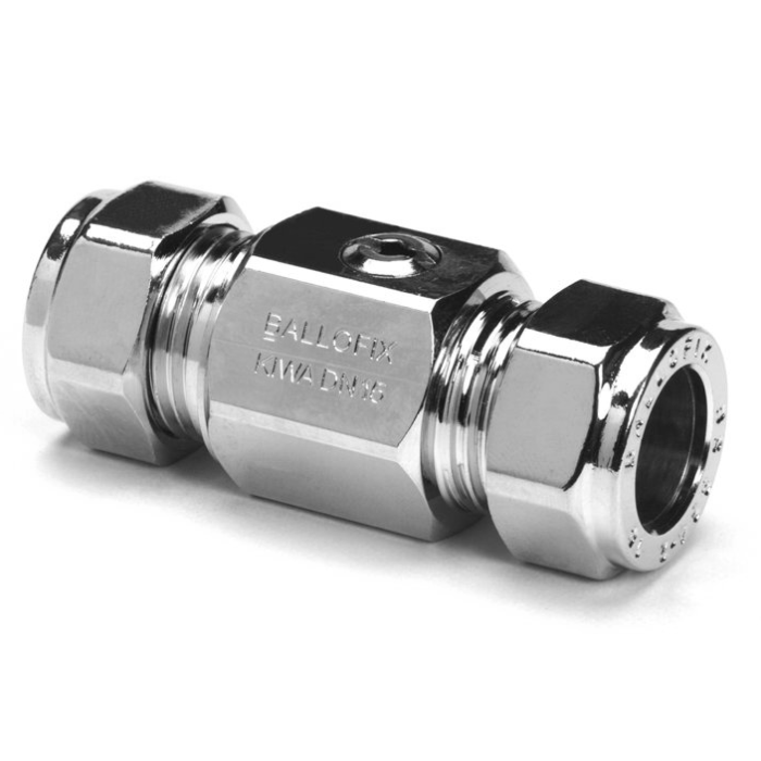 Verchroomde kogelafsluiter 2 x knel 15 mm Verchroomde kogelafsluiter 2 x knel 15 mm